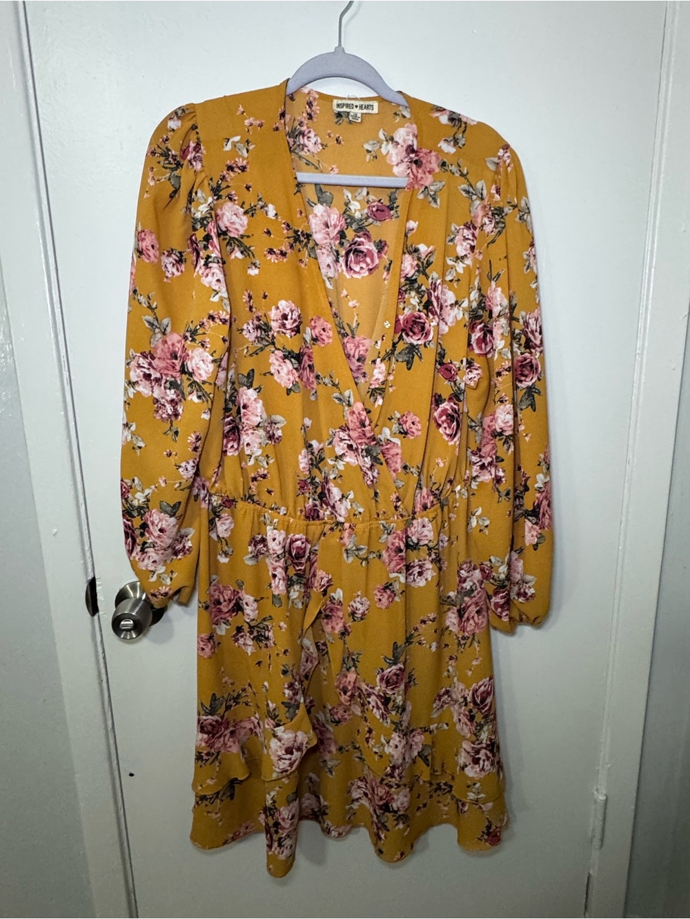 Inspired Hearts Mustard Floral Long Sleeve Wrap Dress